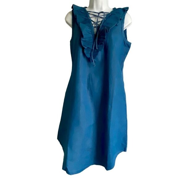 River & Rose Denim Lace up Ruffle Sleeveless Dress with Pockets Medium - Picture 2 of 10